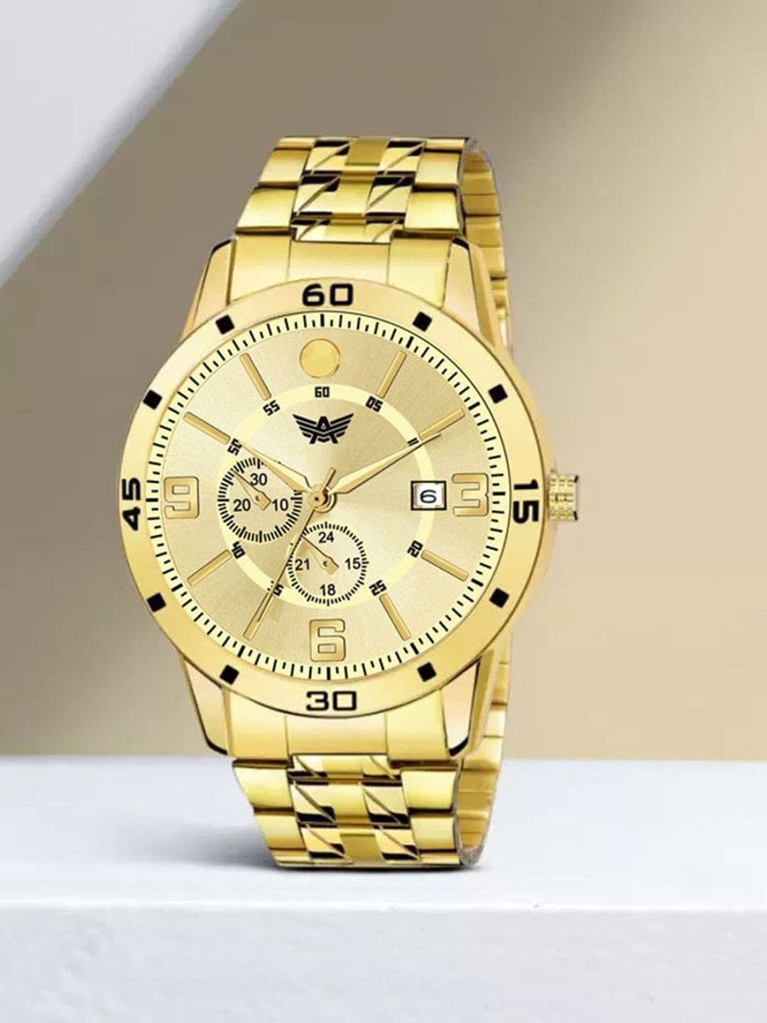 Abrexo Men Round Dial & Stainless Steel Straps Analogue Watch Abx3258-Gold Date