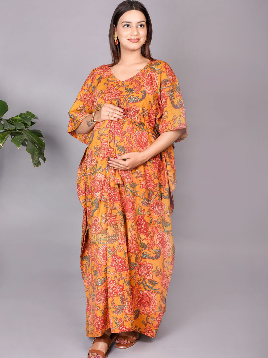 MOTHERHOOD BY SNEHAL Ethnic Motifs V-Neck Printed Cotton Maternity Kaftan Maxi Dress