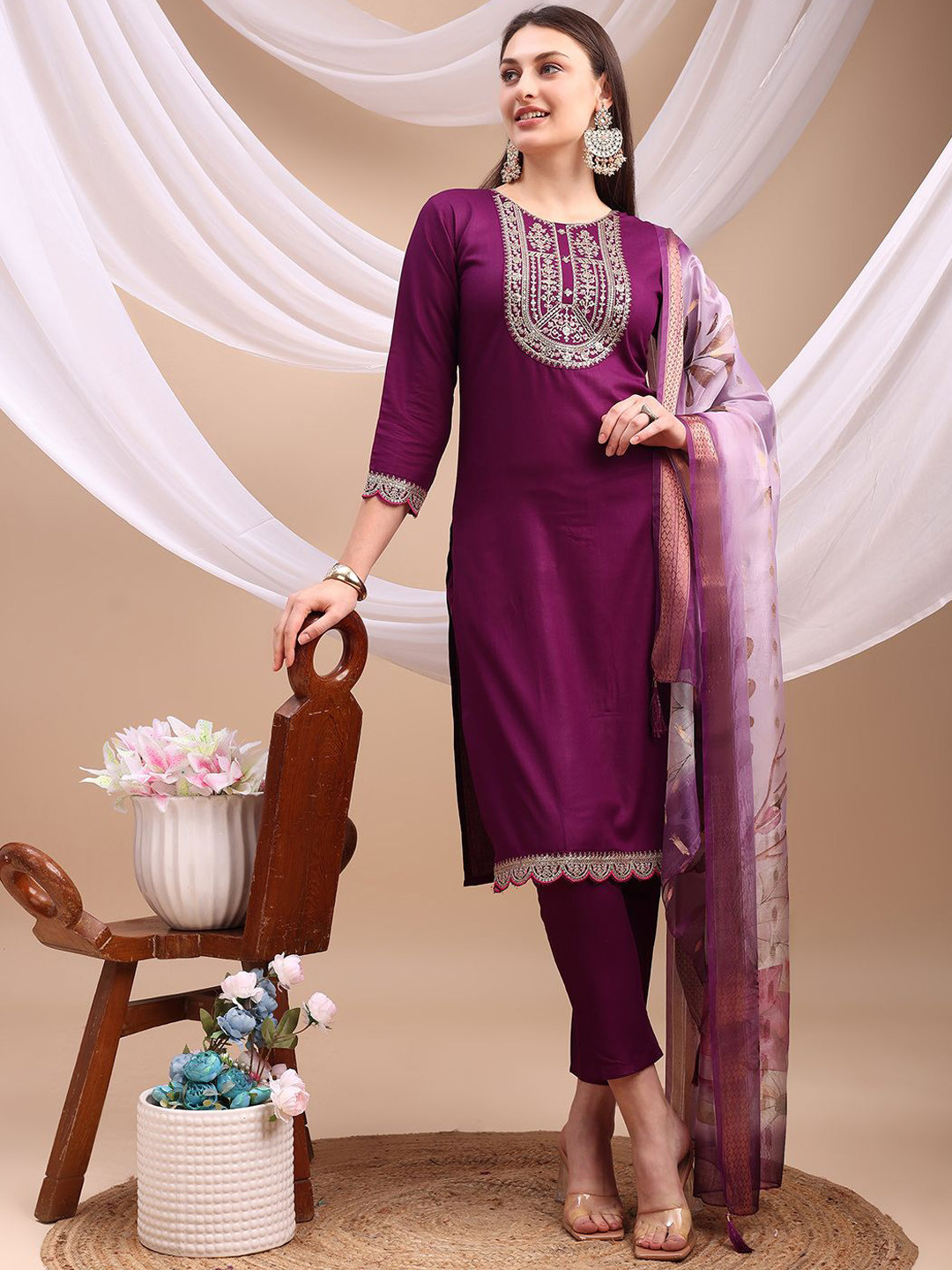 PATDOM Floral Yoke Design Sequinned Straight Kurta With Trousers & Dupatta