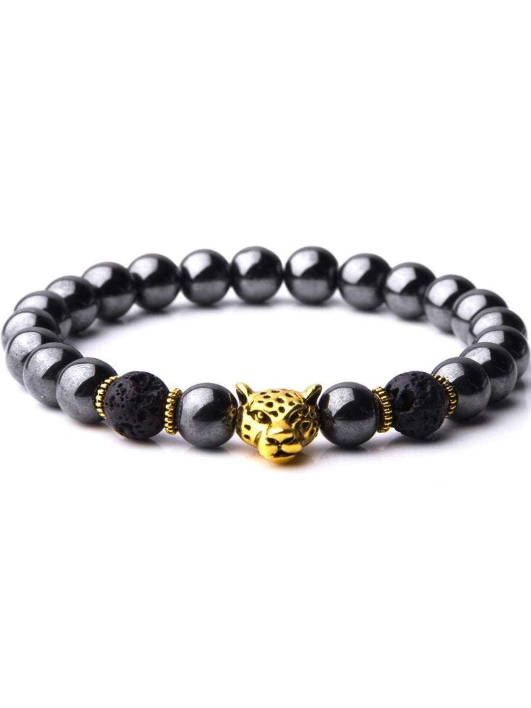 EDMIRIA Unisex Black Lava Stone With Leopard Charm Crystals Bracelet
