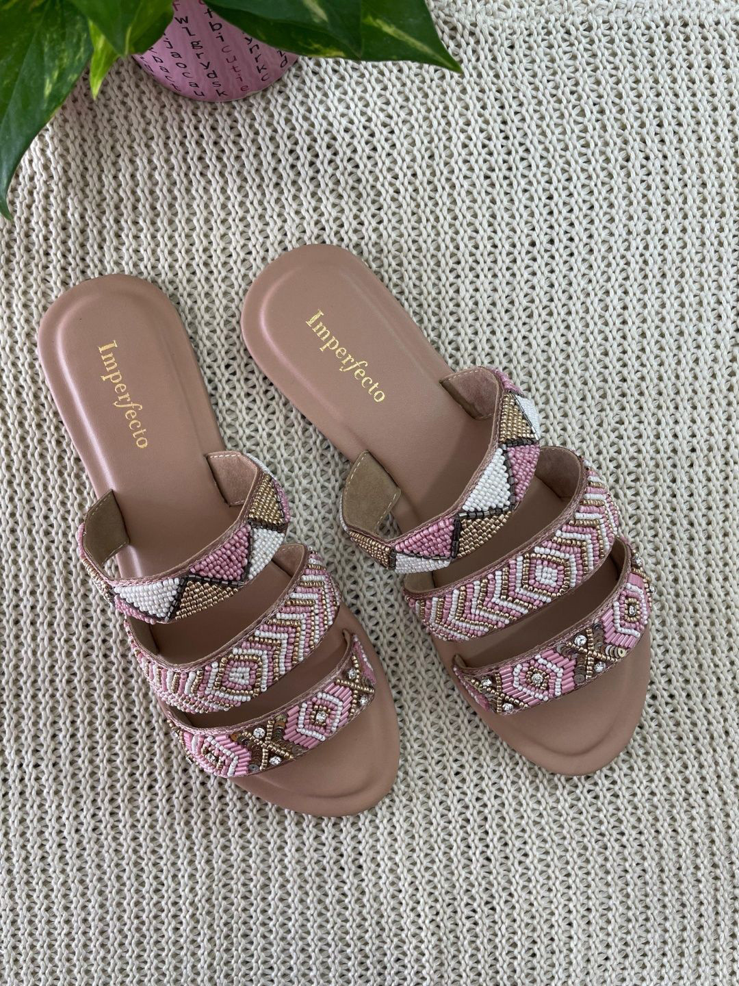 IMPERFECTO Pina Colada Embellished Beaded Open Toe Flats