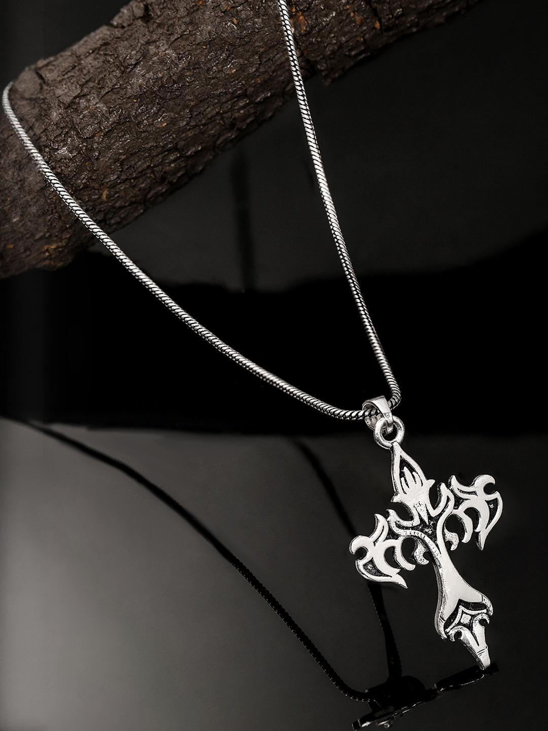 Roadster Men Silver-Toned Polished Tribal Cross Pendant with Chain