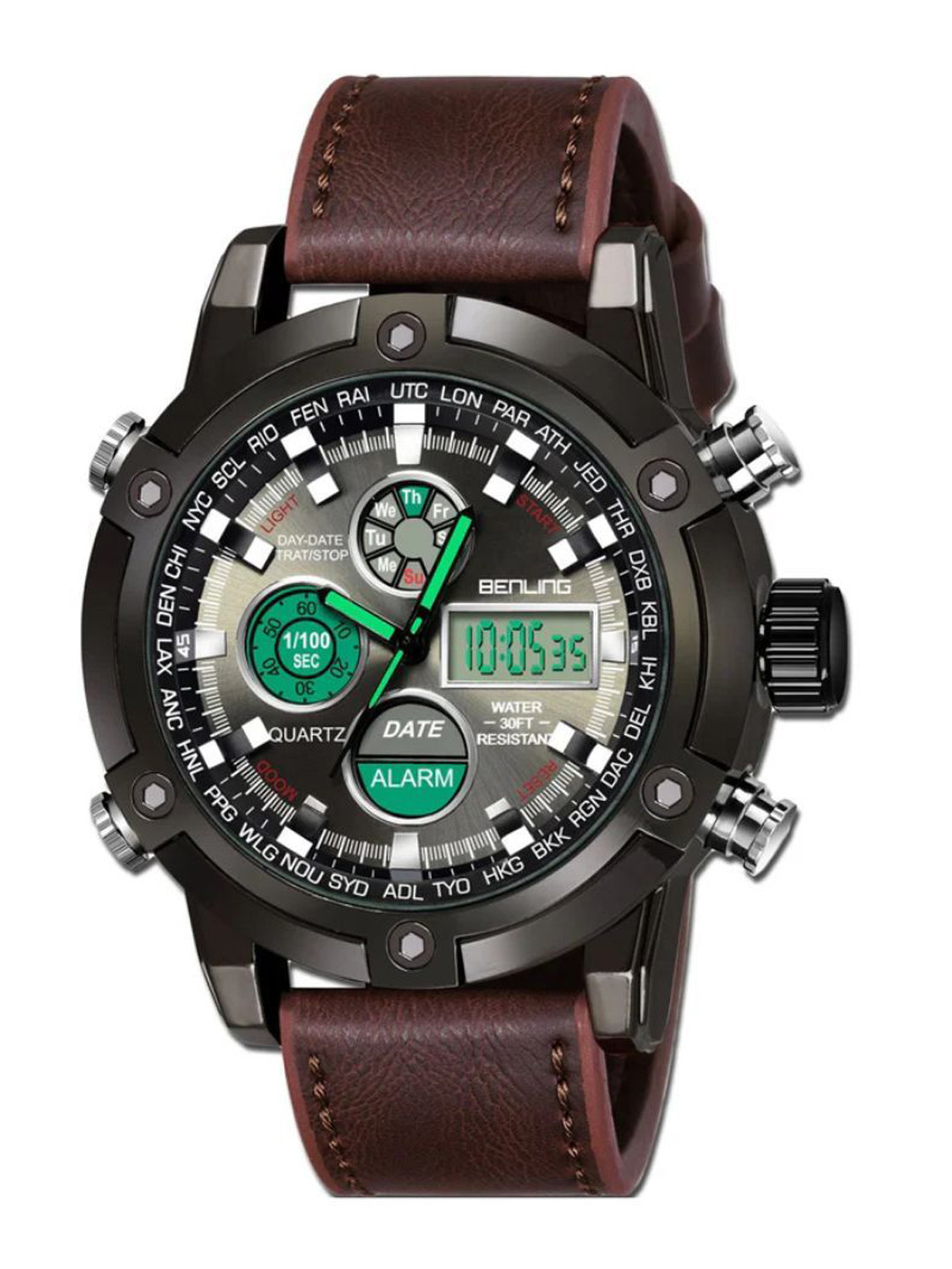 BENLING Men Leather Straps Round Reset Time Analogue Watch BL-1005-ANA-DIGI-BROWN-CMB