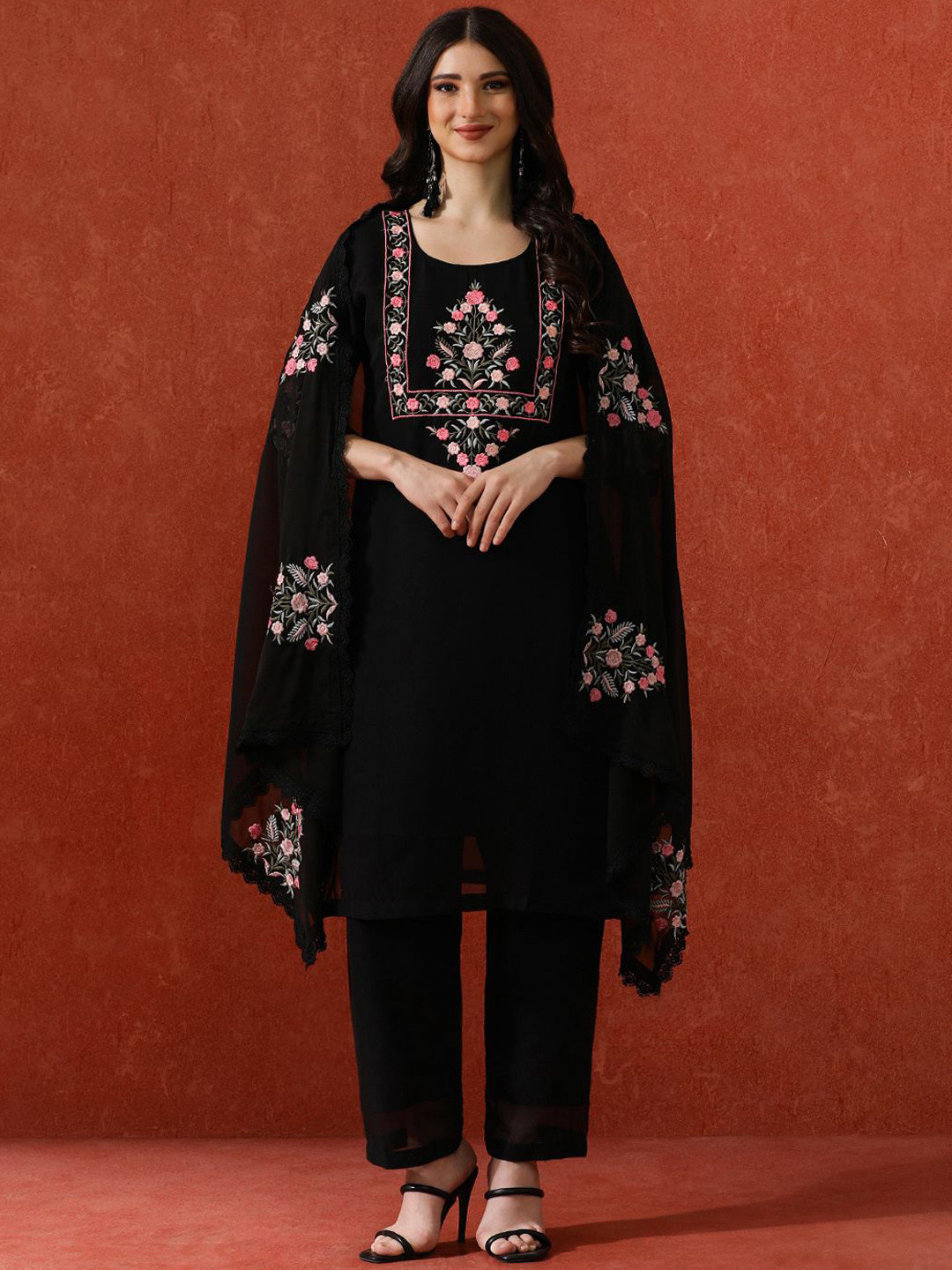 QSH Embroidered A-Line Solid Festive Kurta & Trousers With Dupatta