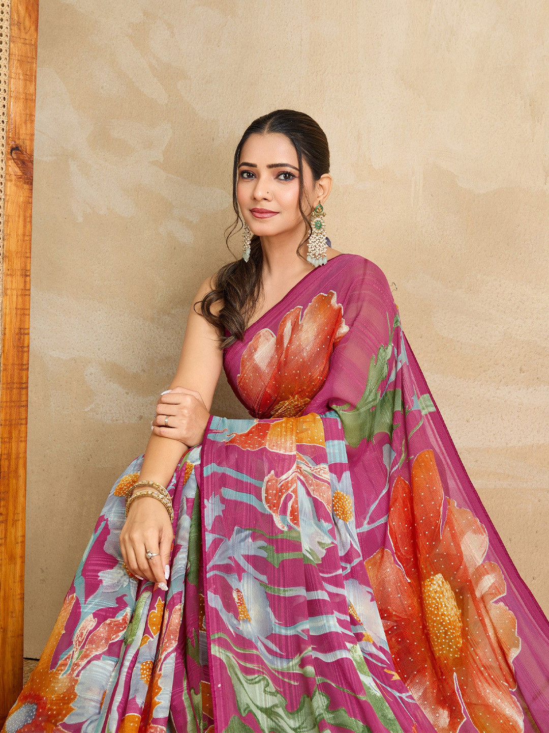 KALINI Floral Printed Zari Embellished Saree With Tassels