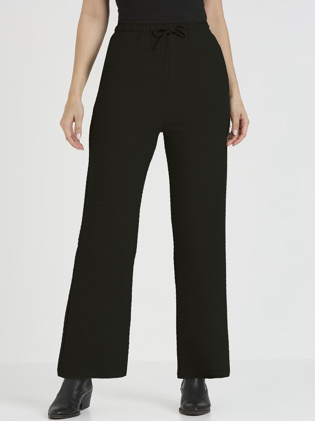 CEFALU Women Textured Relaxed Fit High-Rise Easy Wash Korean Pants Trousers