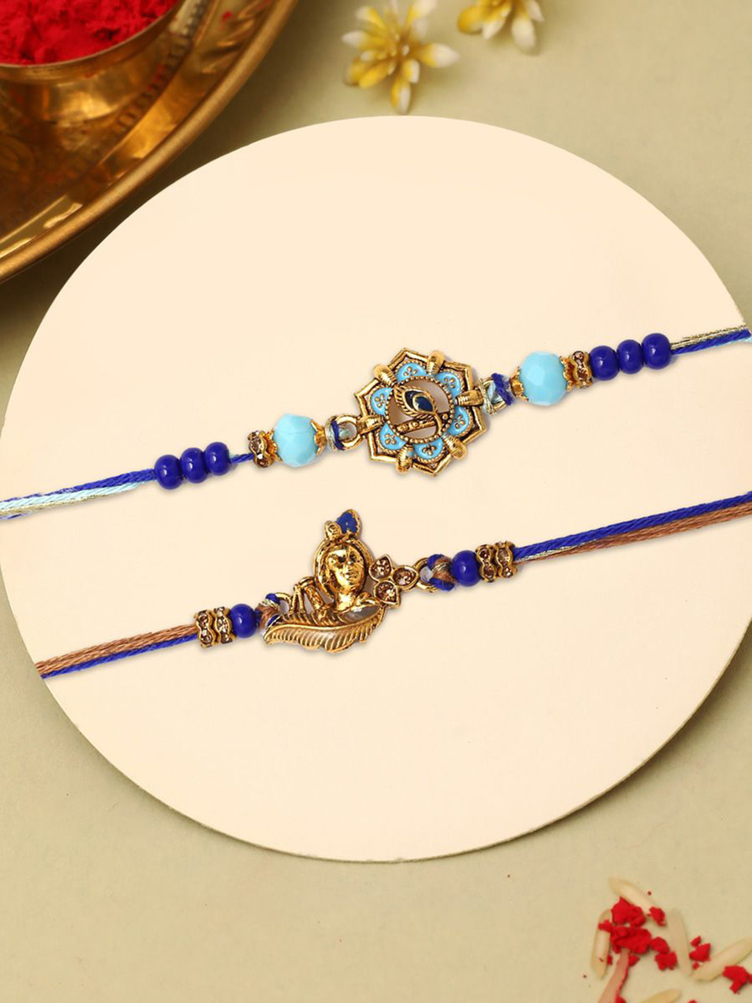 The Purple Tree Set Of 2 Stones Studded & Beaded Morpankhi Krishna Thread Rakhis