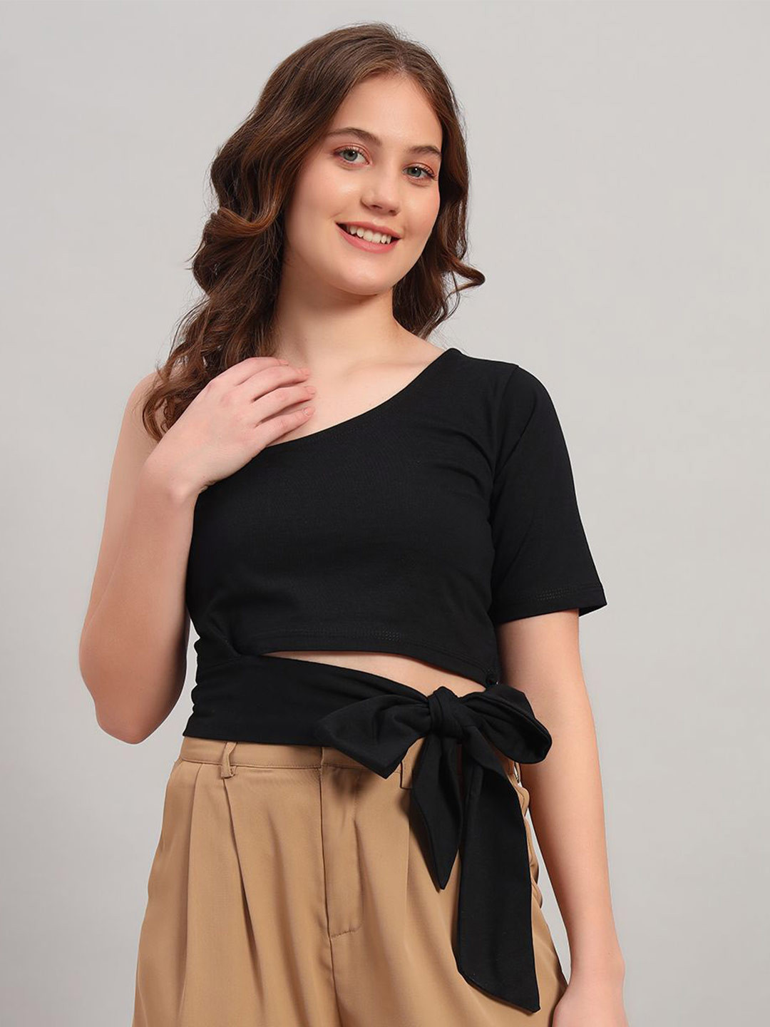 N1F FASHION Women Cut Out One Shoulder Cotton Blouson Crop Top