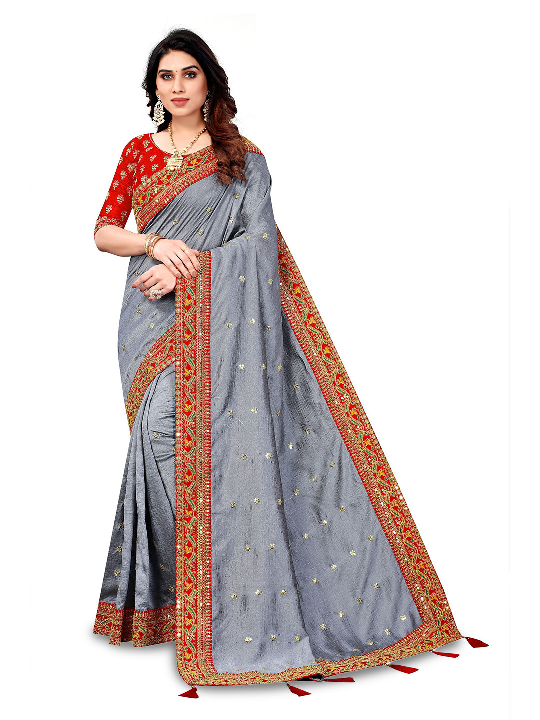 A.G.M.G FASHION Women Embellished Embroidered Fusion Saree with an unstitched blouse piece