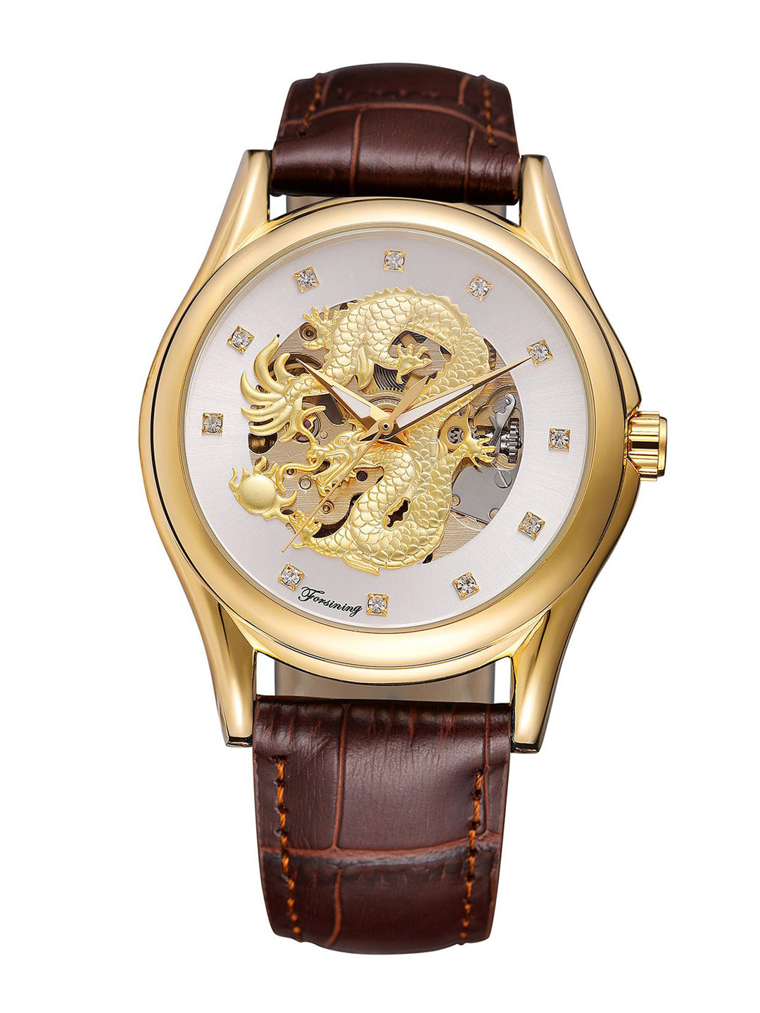 FORSINING Men Dragon Pattern Watch with Leather Strap Skeleton Dial