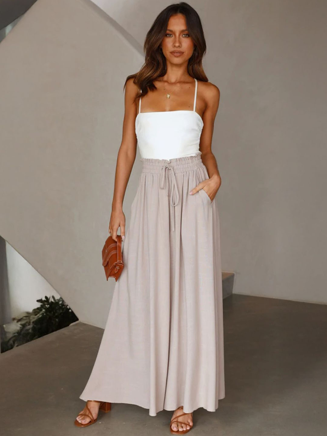 Cream-Coloured Loose Fit Wide Leg Trousers