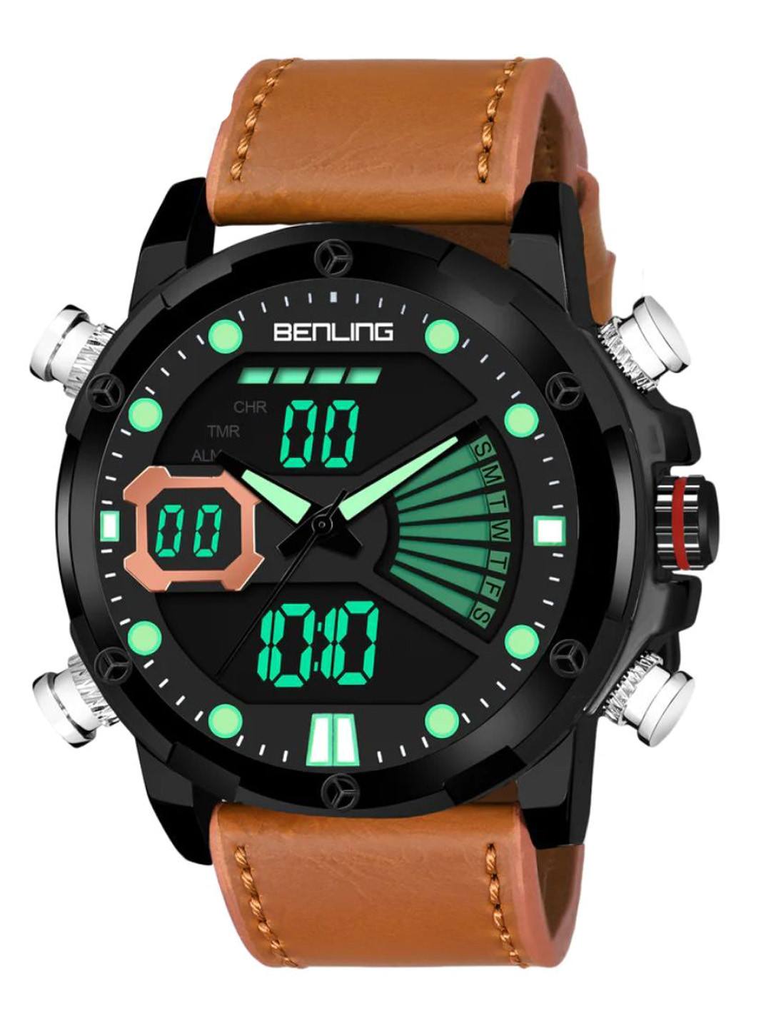 BENLING Men Dial & Leather Wrap Around Straps Analogue and Digital Watch BL-1020-BLKCASE-SQR-BLK-TAN