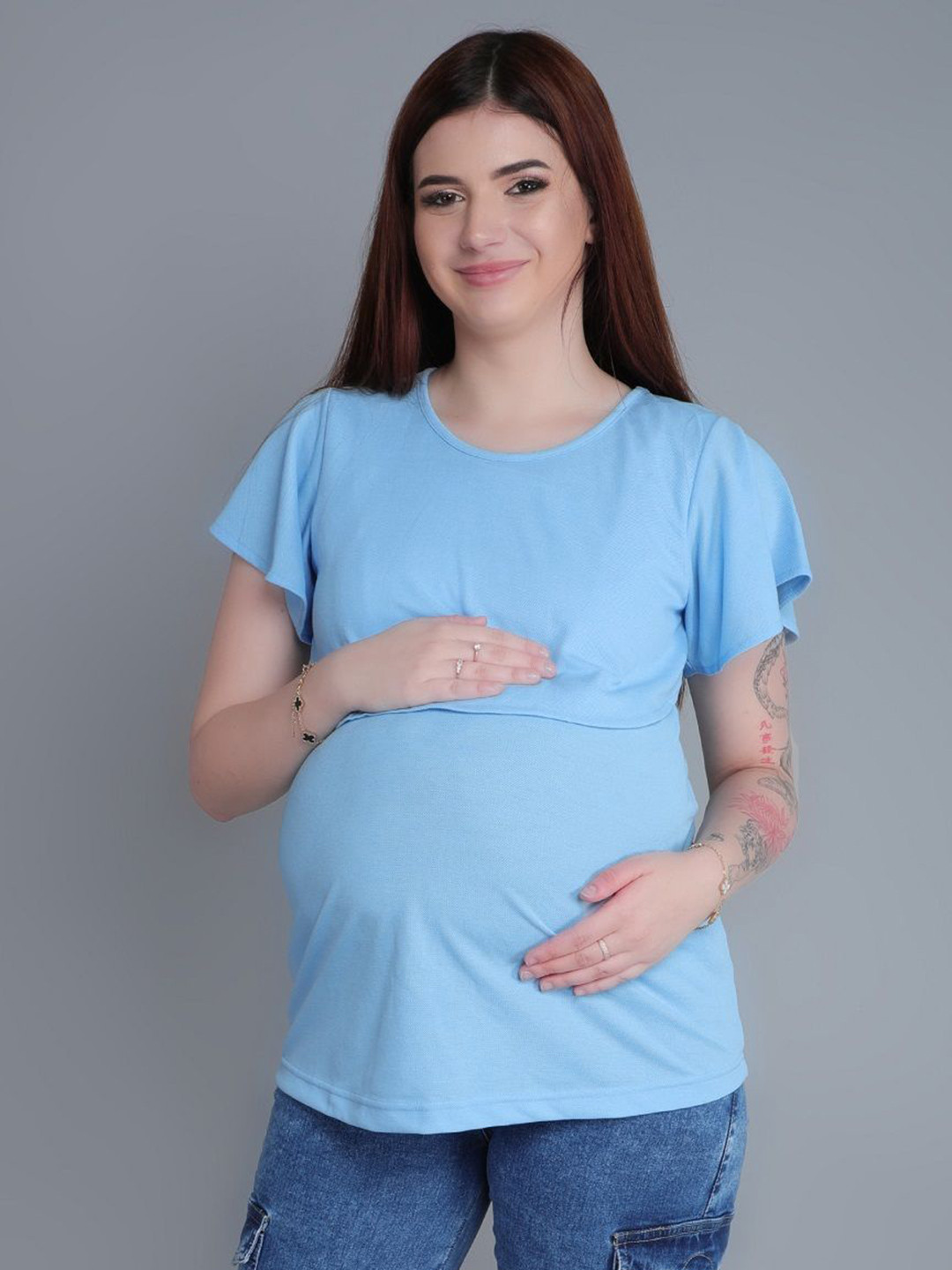 mama & bebe Women Solid Round Neck Maternity Feeding T-shirt with Concealed zipper