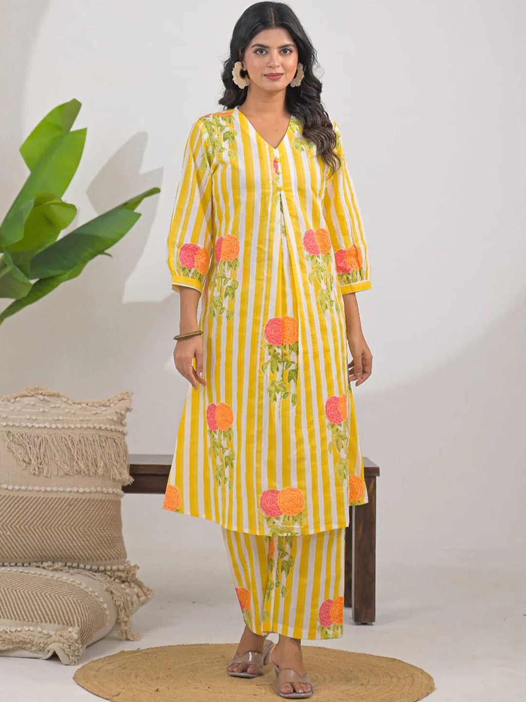 AUTUMN LANE Hardik Dandelion Floral Printed Pure Cotton Kurta With Trousers