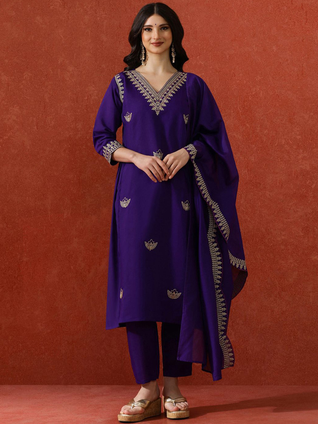 QSH Embroidered A-Line Solid Festive Kurta & Trousers With Dupatta