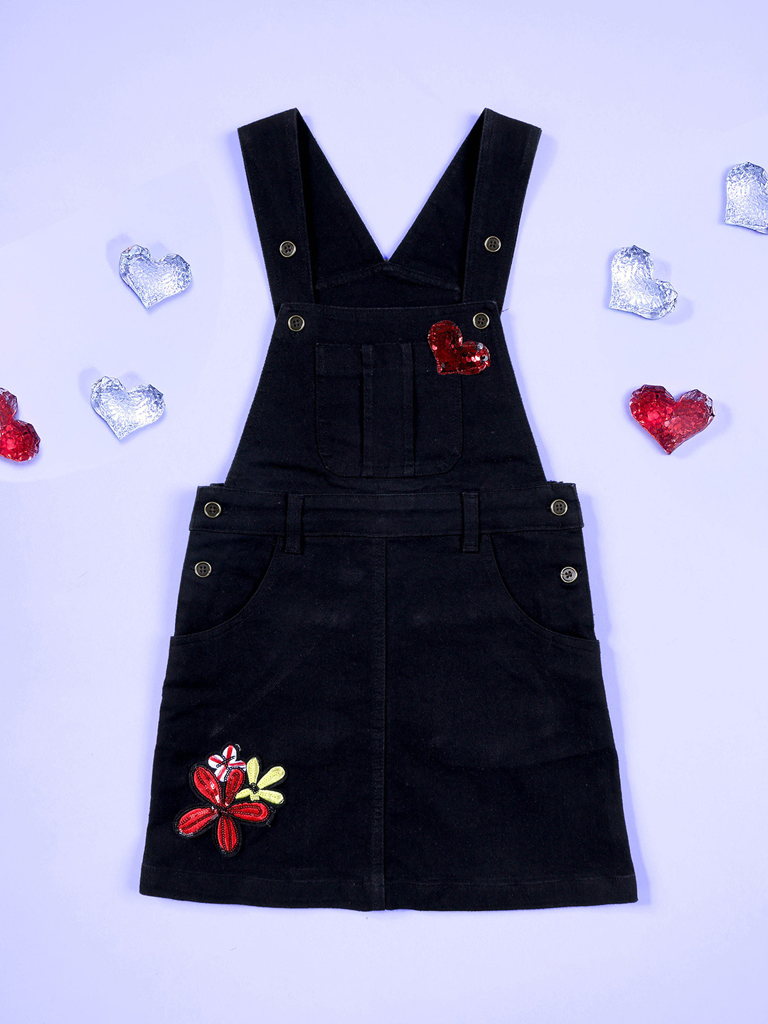 KiddoPanti Girls Floral Sleeveless Dungaree with Flower & Sequence Heart Applique