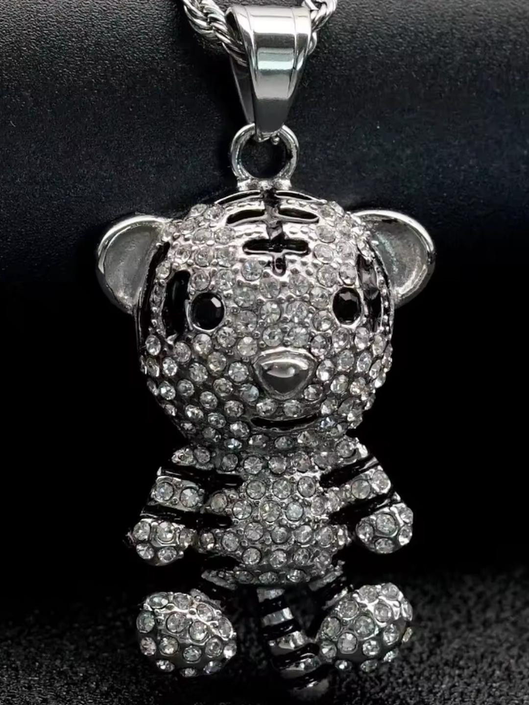 Nitant Women Black & Silver Toned Stone Studded Tiger Pendant Chain