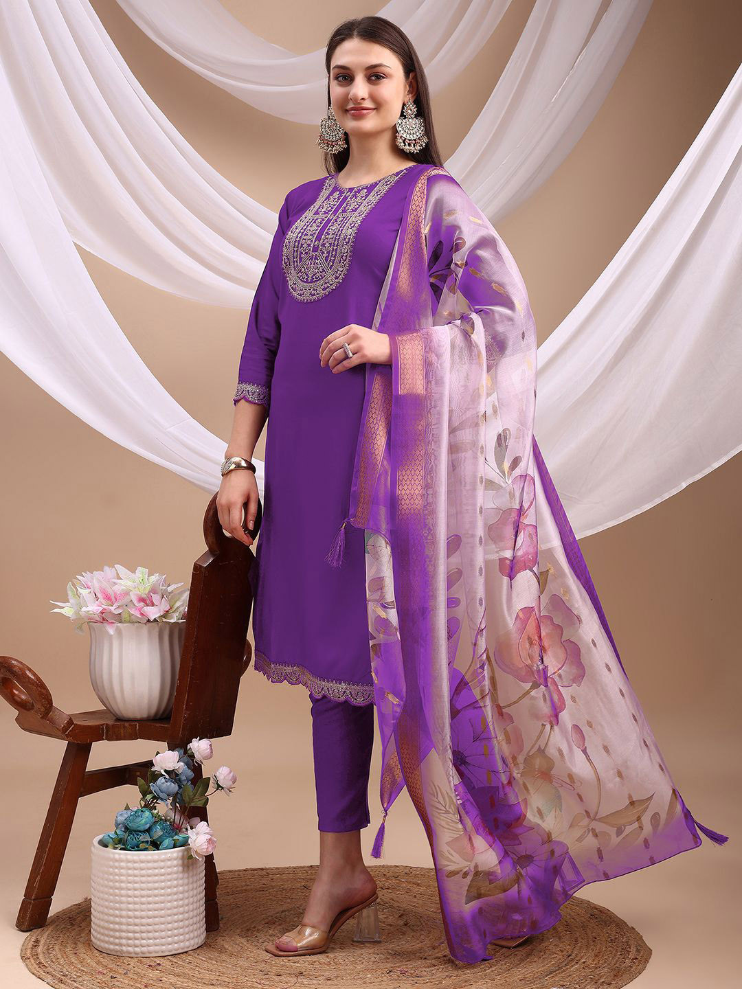 PATDOM Floral Yoke Design Round Neck Sequinned Straight Kurta With Trousers & Dupatta