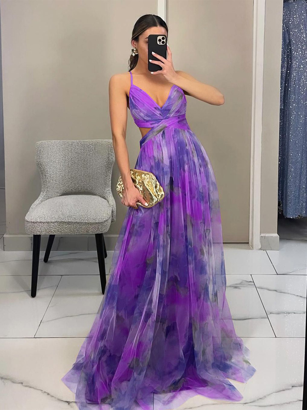 bebe Abstract Printed Shoulder Straps Sleeveless Maxi Dress