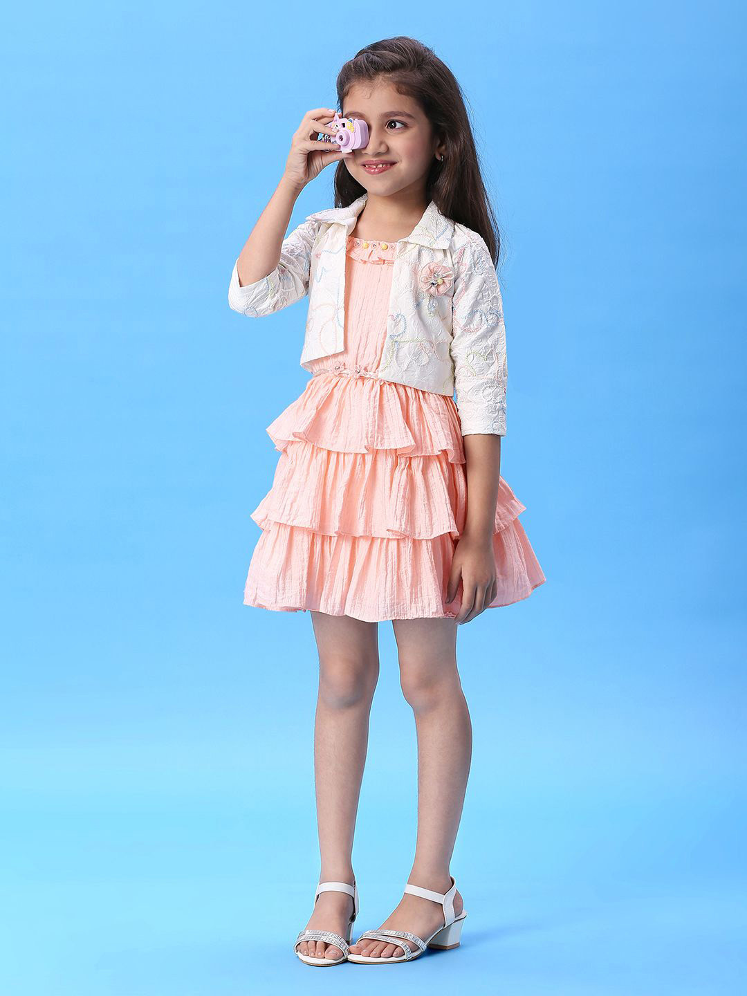 Macwin Girls Self Design Fit and Flare Layered Above Knee Dress with Embroidered Jacket