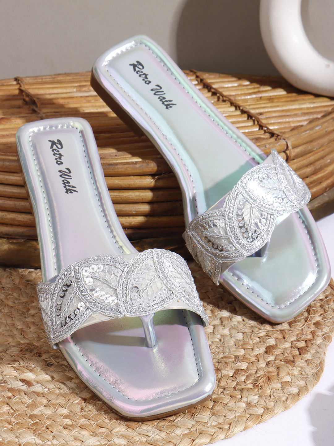 Retro Walk Embellished Open Toe Flats