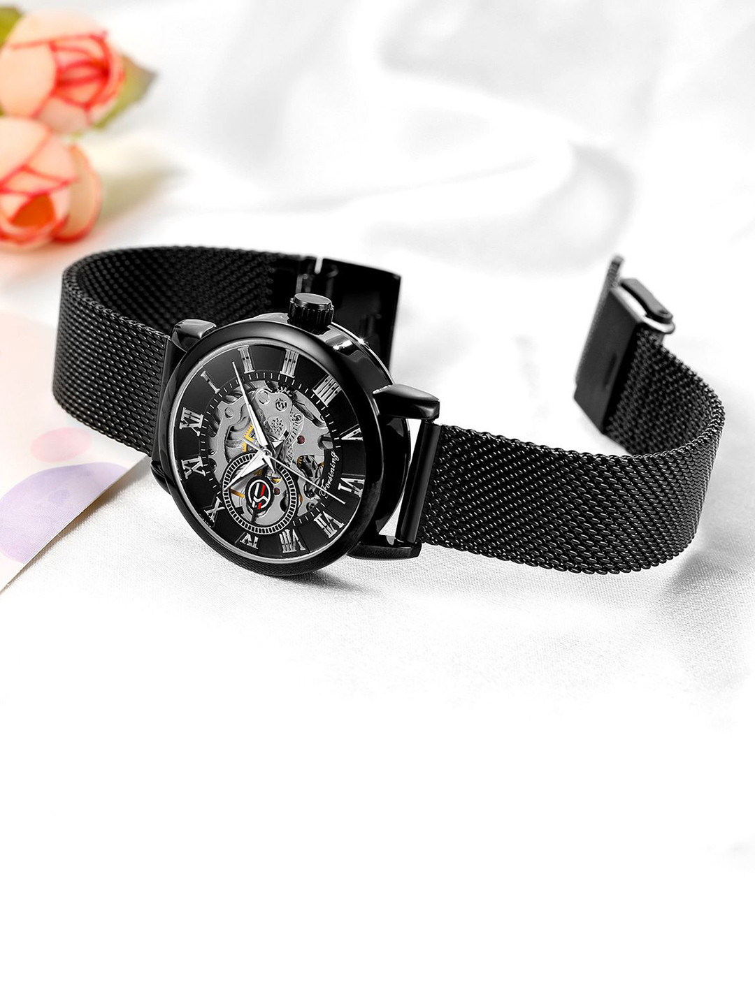 FORSINING Women Skeleton Wristwath with Stainless Steel Mesh Band