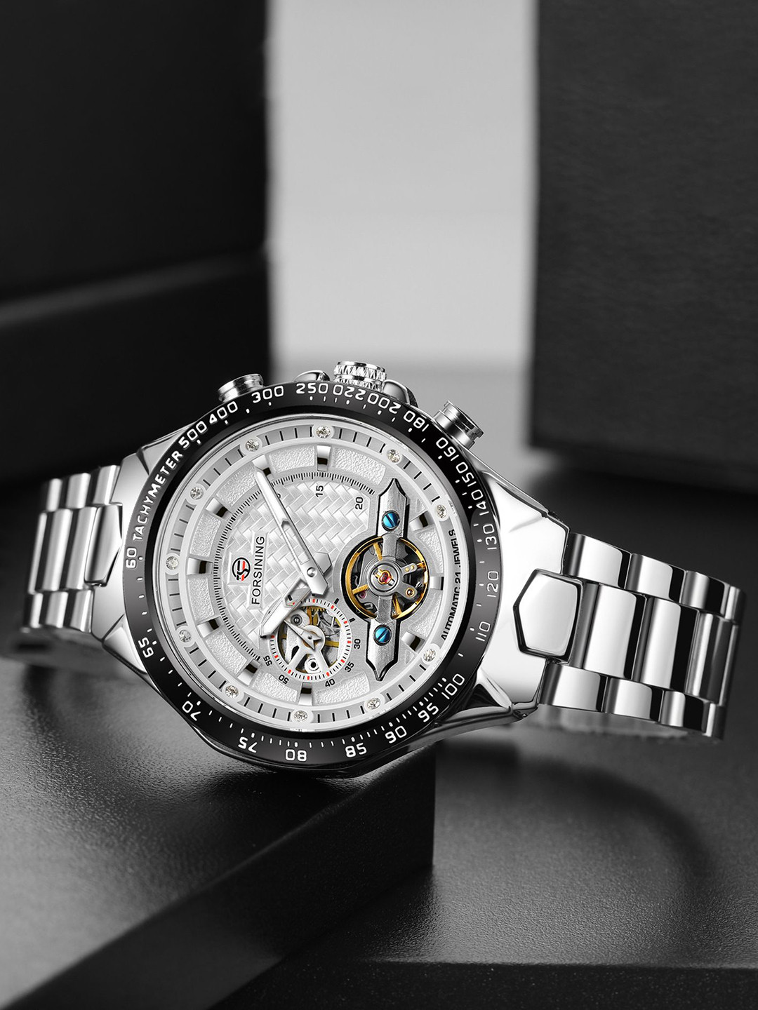 FORSINING Men Skeleton Mechanical Watch with Automatic Movement Leather Strap