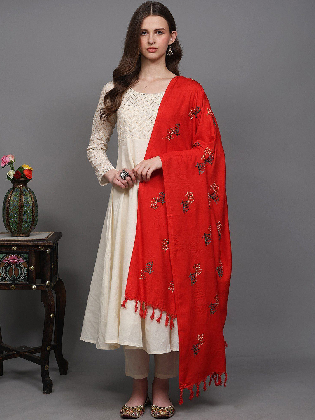 Exotic India Radhe-Radhe Prayer Stole With Thread Embroidery