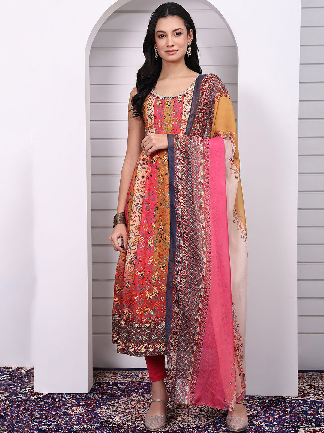 AURELIA Abstract Beaded Anarkali Regular Viscose Rayon Kurta Leggings & Dupatta