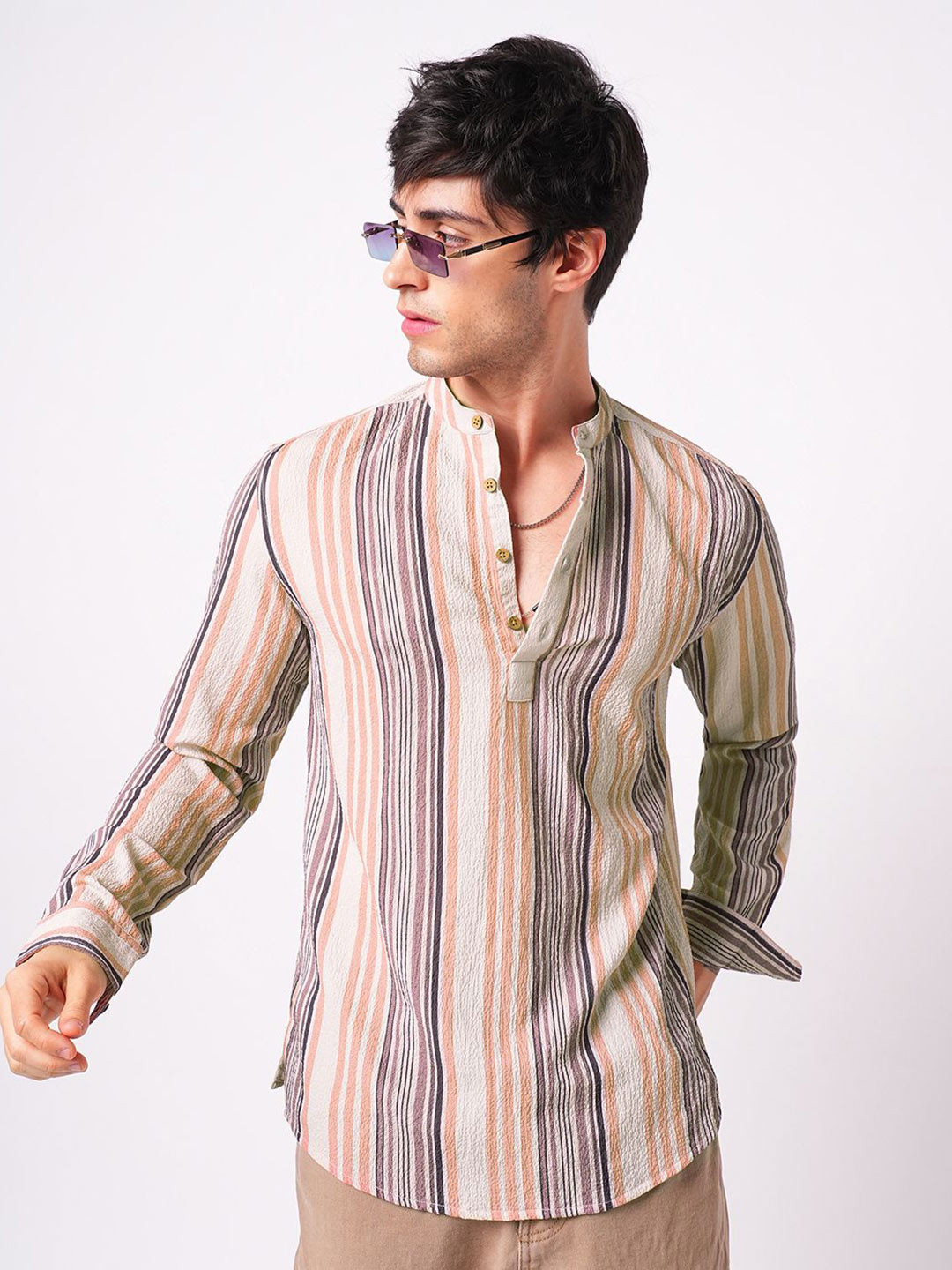 VASTRADO Men Multicolour Crinkled Striped Kurta