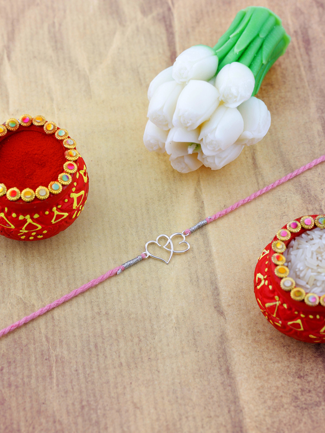 VIRAASI 3-Pcs 925 Silver Rakhi Rose Bouquet Candle  & Roli Chawal