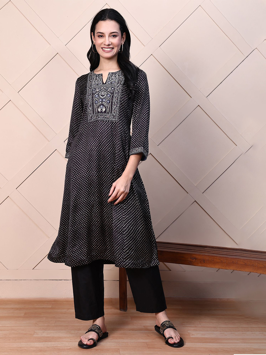 Folk Song Women Polka Dots Printed Mirror Work Satin Kurta