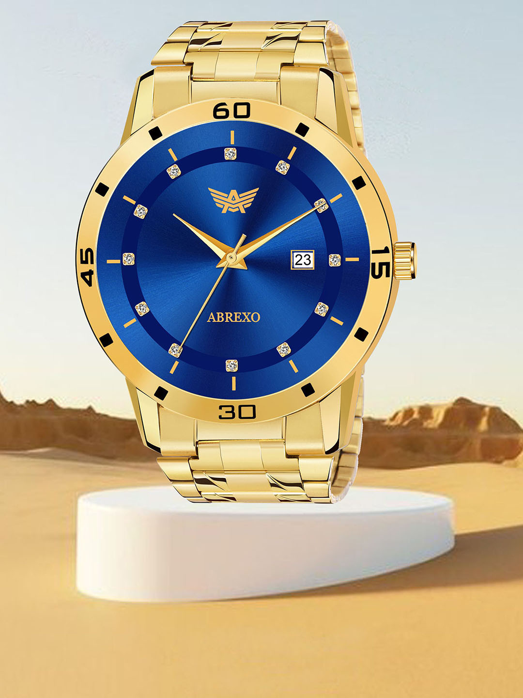 Abrexo Men Dial & Stainless Steel Bracelet Style Straps Analogue Watch Abx-1670 Blue Dial Gold Chain watch