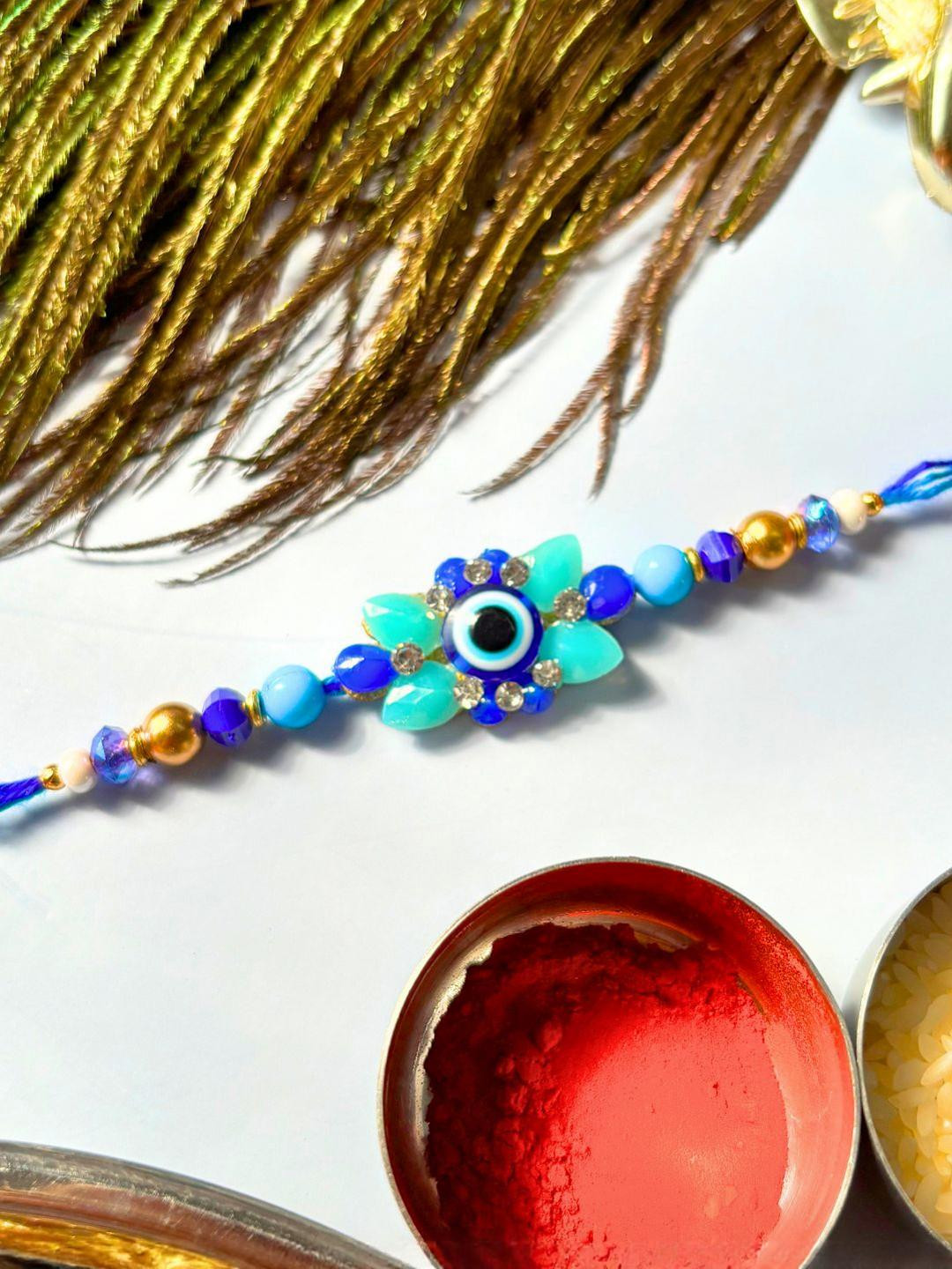 Blue Evil Eye Rakhi Stone Studded & Beaded Thread Rakhi Traditional Handmade Rakhi for Brother