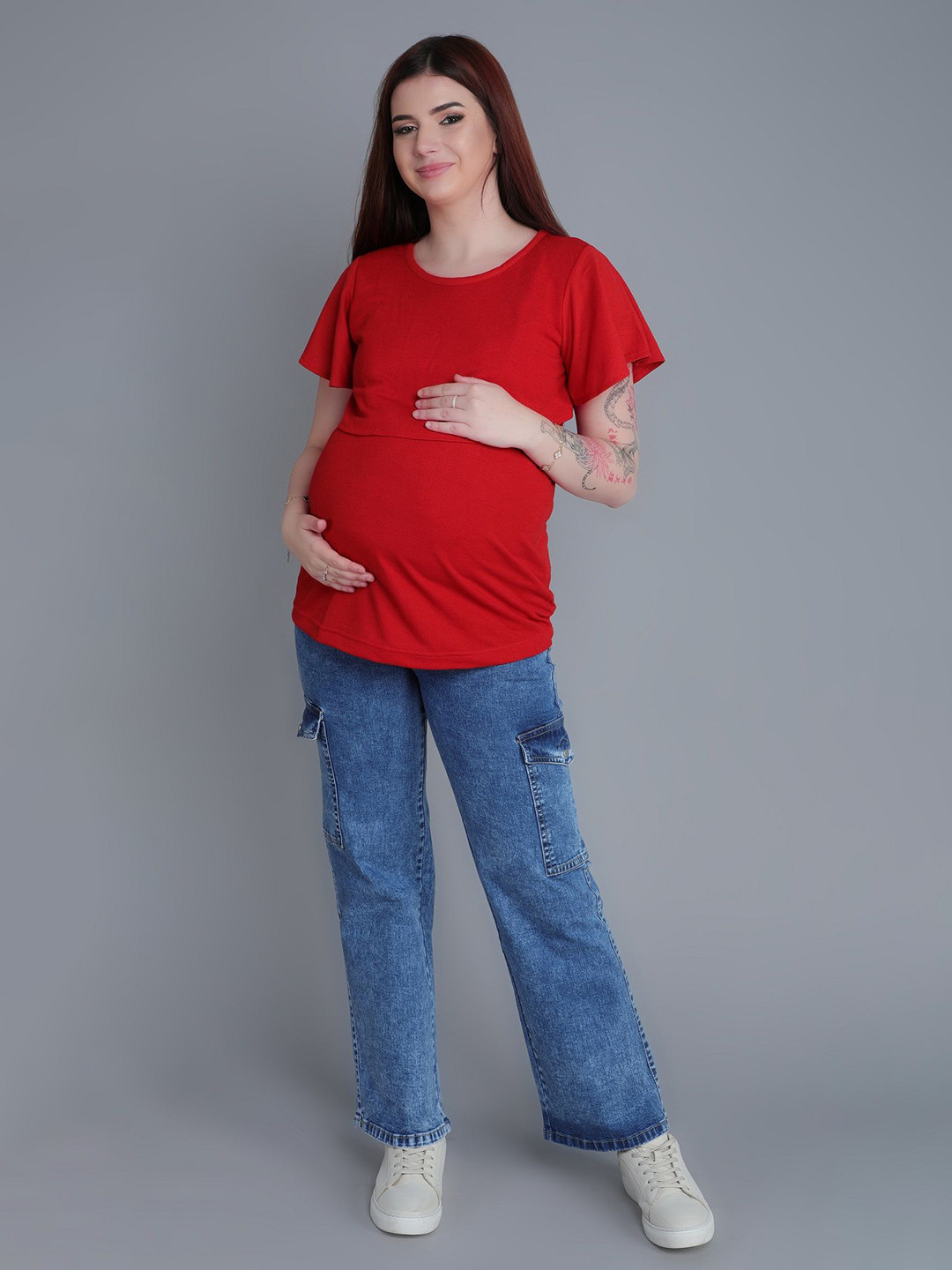 mama & bebe Women Solid Round Neck Maternity Feeding T-shirt with Concealed zipper