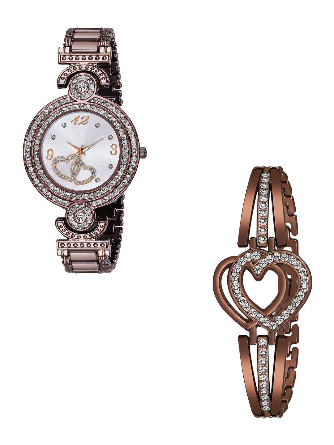 CSAMON Women Embellished Watch with Heart Bracelet GR_101_Marron Heart Bracelet