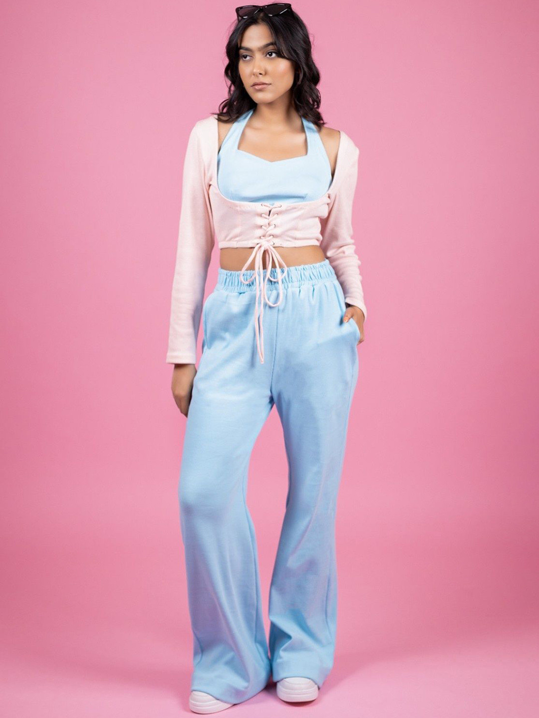 THE BEHRUZ THEORY Halter Neck Crop Top With Coat & Palazzos