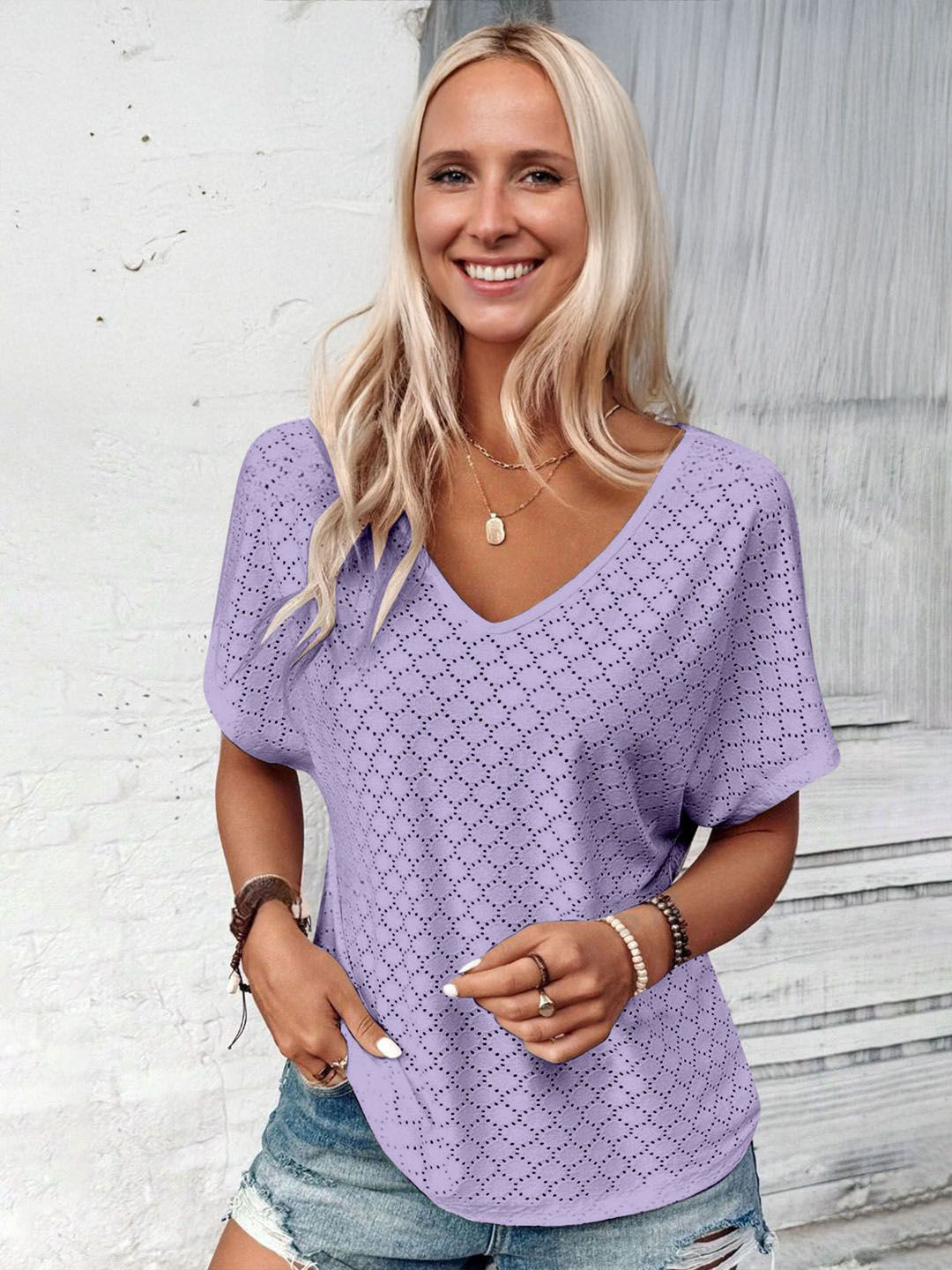 StyleCast Women Purple Geometric V-Neck Short Sleeves Top