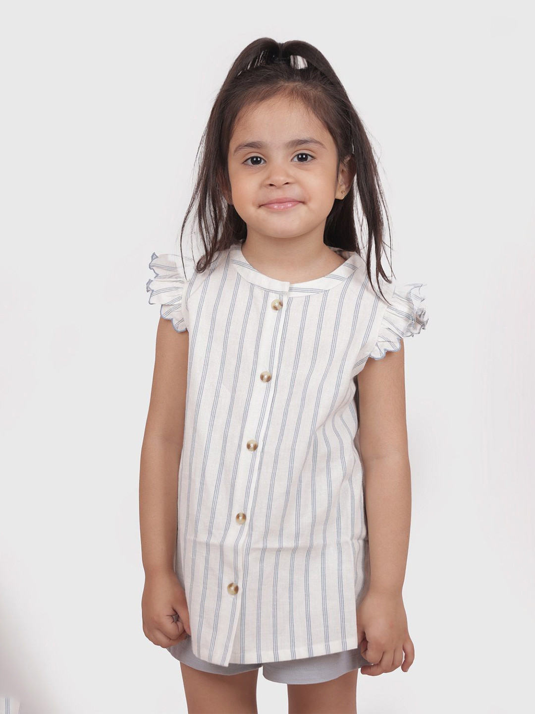 Miyo Girls Cotton Flutter Sleeves Vertical Stripes Tops