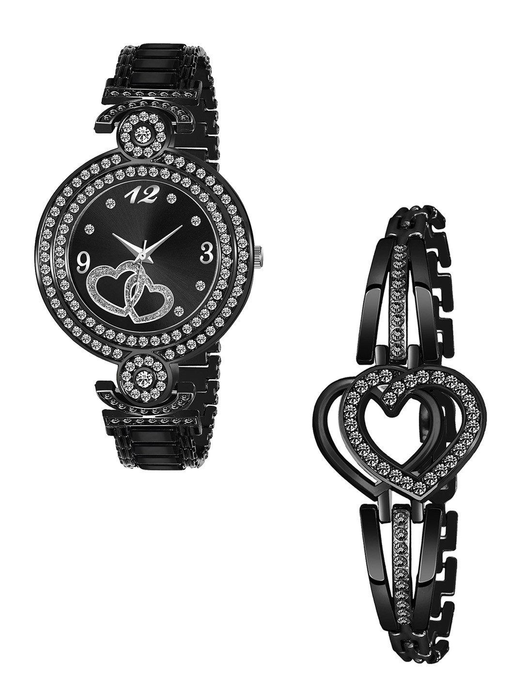 CSAMON Women Embellished Dial & Stainless Steel Wrap Around Straps Analogue Watch GR_104 Black heart