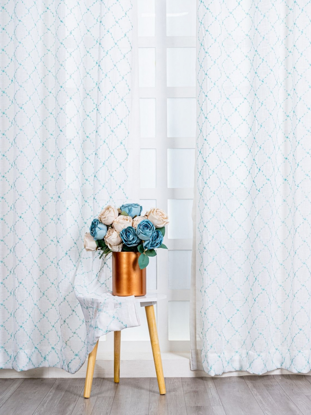 Parda Online Turquoise Blue & White 4 Pieces Sheer Long Door Curtains