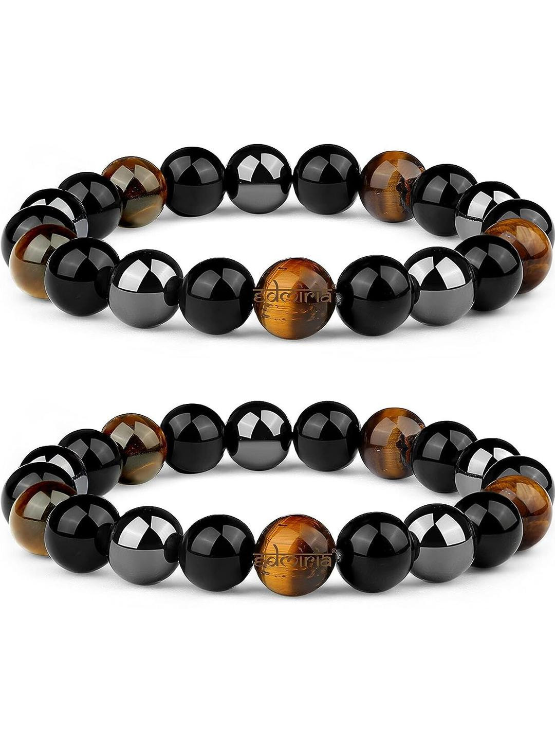 EDMIRIA Unisex Pack Of 2 Brown Tiger Eyes Stone Beaded Bracelet