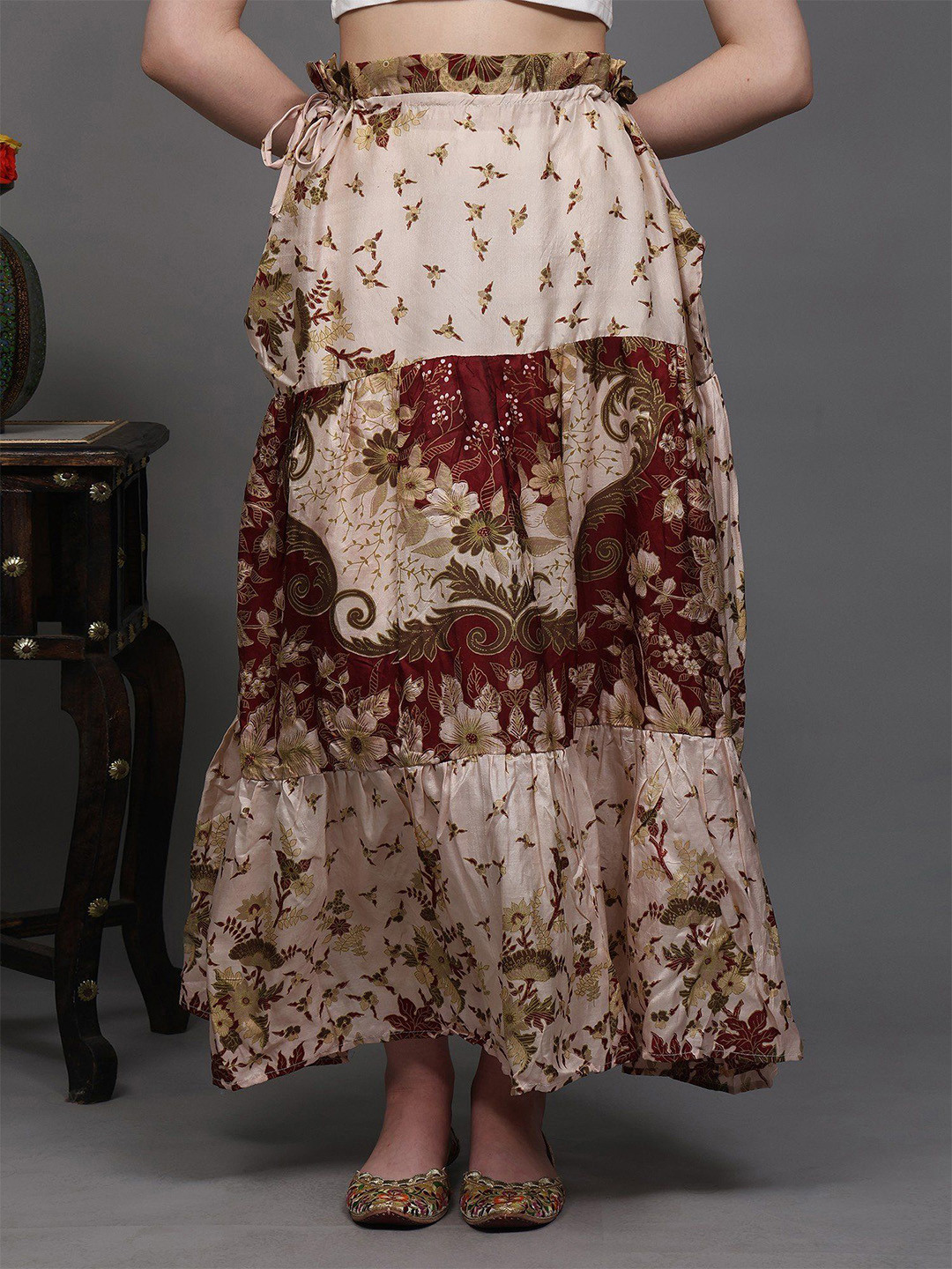 Exotic India Salsa-Rosa Floral Printed Long Skirt With Both Side Drawstring Waist