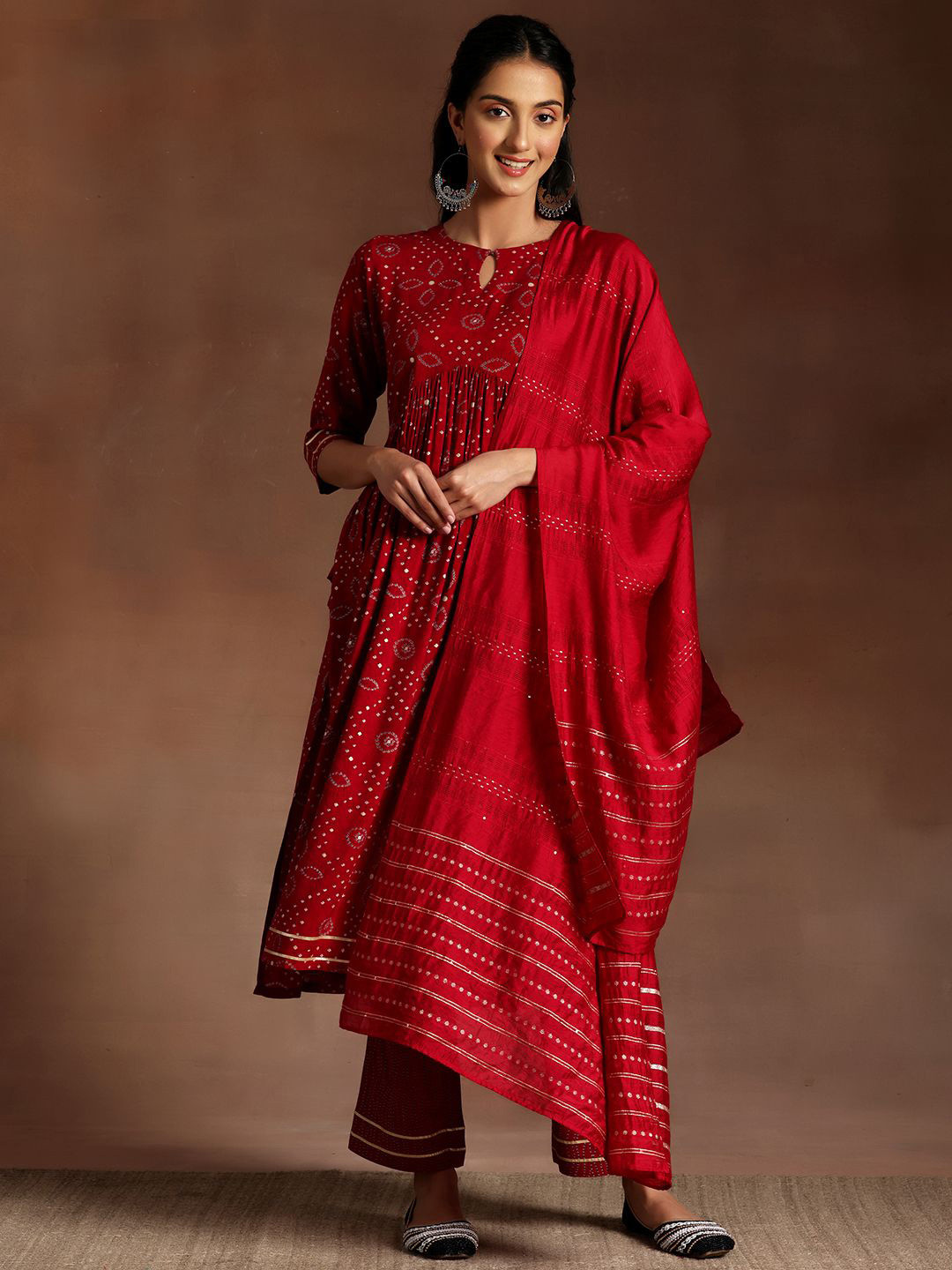 Libas Women Bandhani Printed Pleated Gotta Patti A-Line Kurta with Palazzos & With Dupatta