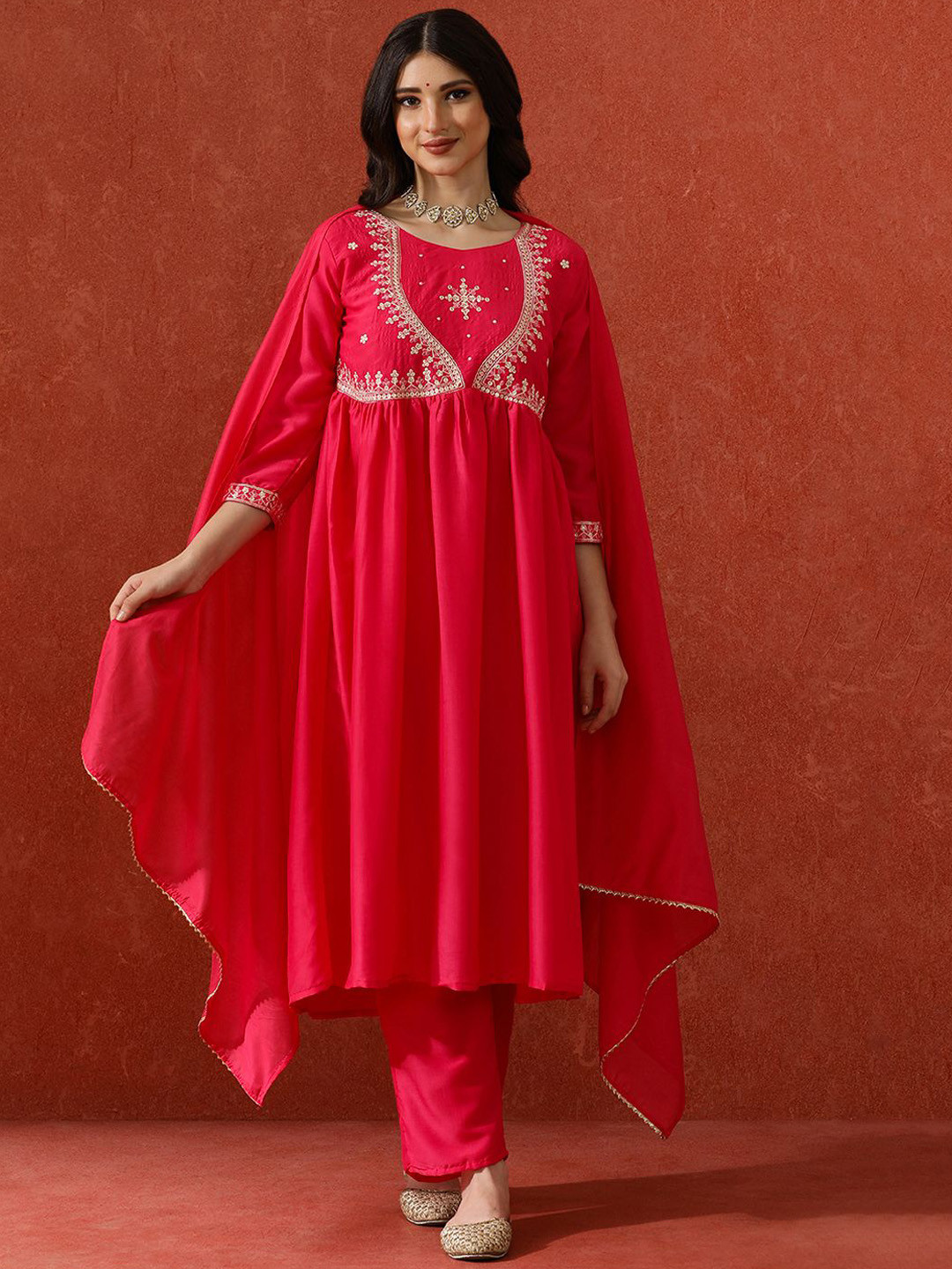 QSH Festive Solid A-Line Kurta & Trousers With Dupatta