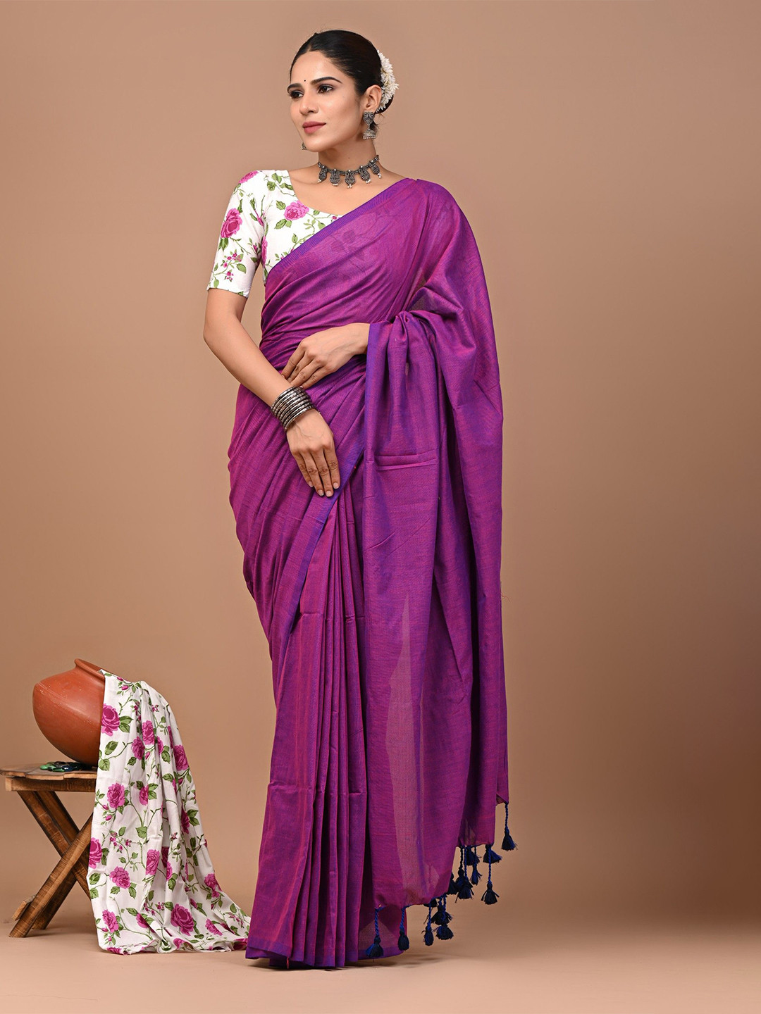 PALLO LATKE Khadi Cotton Saree With Printed Blouse