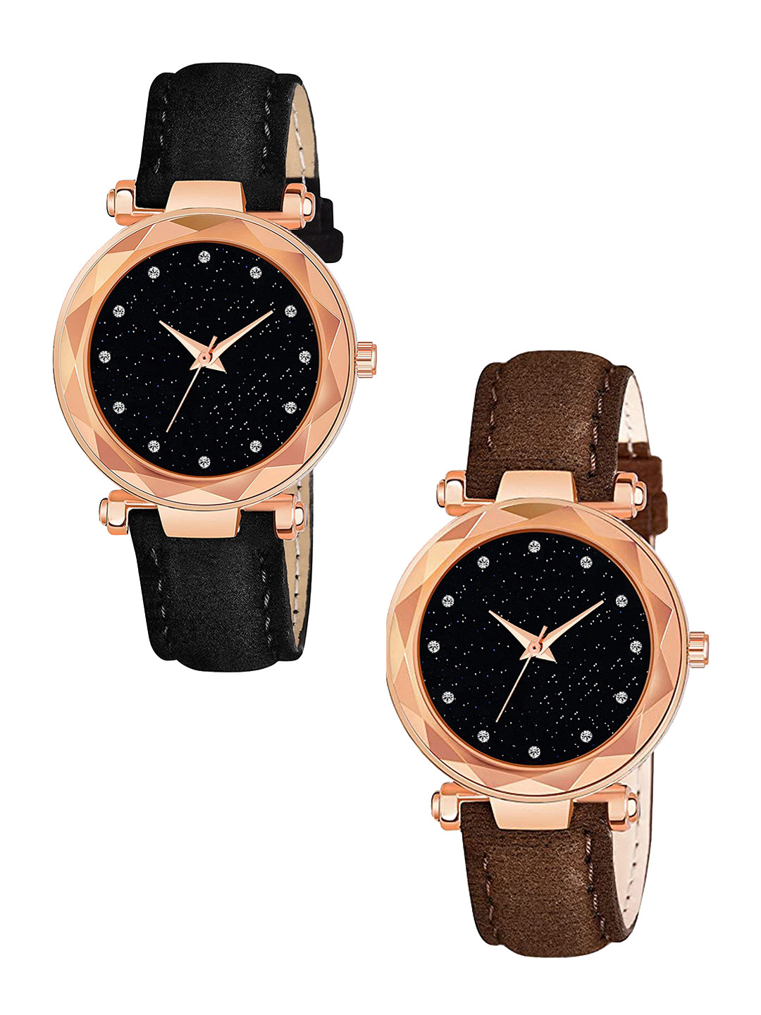 CSAMON Women Embellished Dial & Textured Straps Analogue Watch GR379RG 12D BLK BRO Vel L
