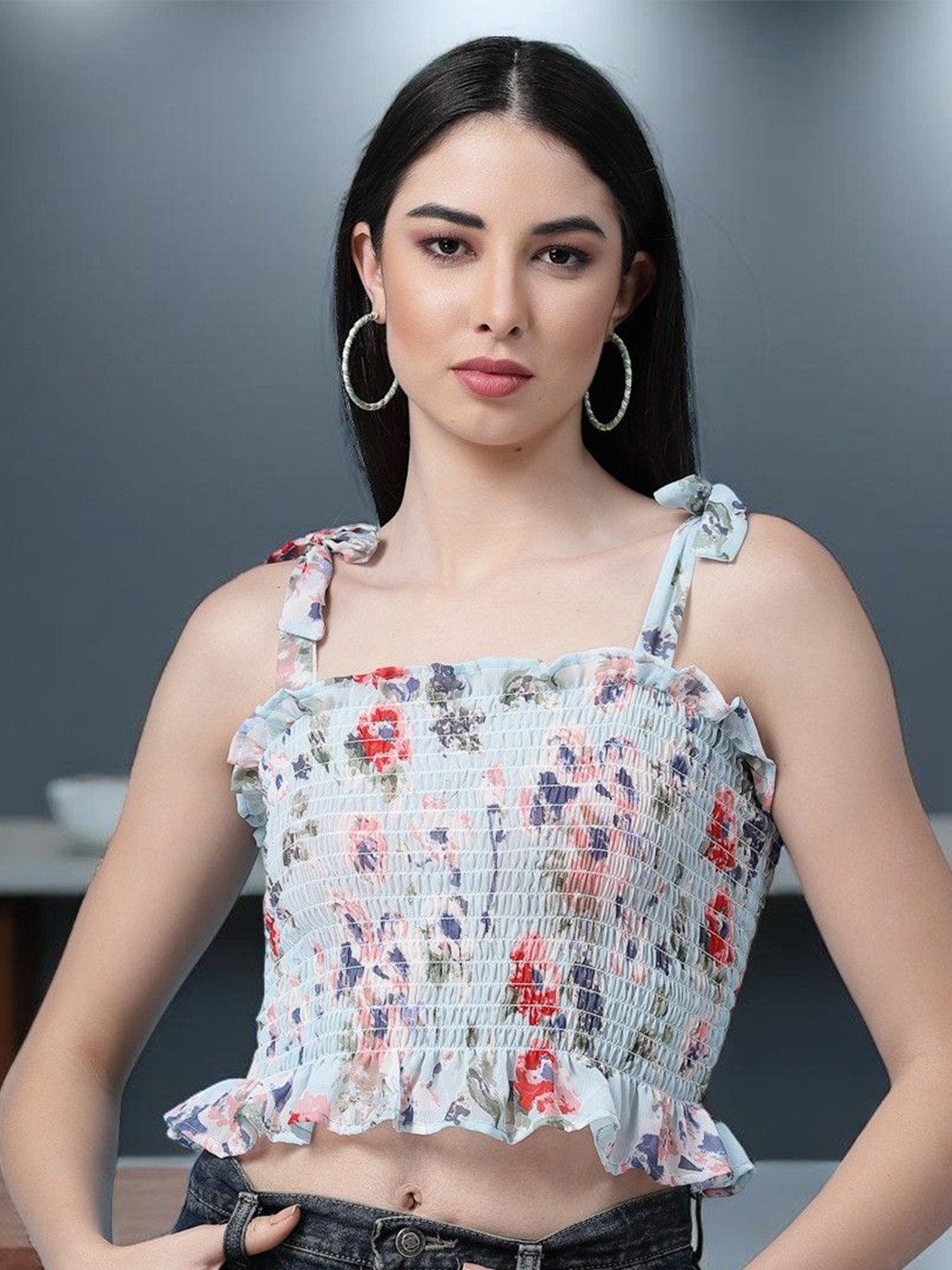 OOMPH! FACTOR Floral Print Off-Shoulder Smocked Crepe Tube Crop Top