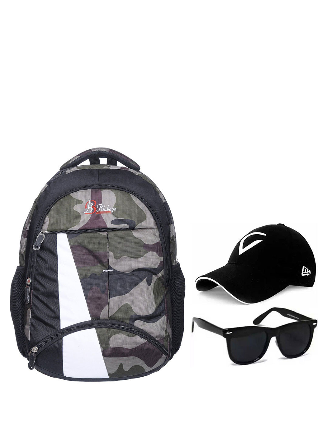 Blubags Men Camouflage Backpack with Compression Straps With Baseball cap & Sunglasses