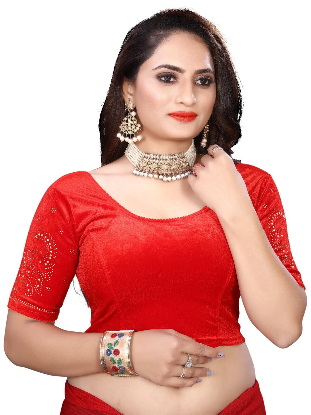 PU FASHION Women Red Round Neck Saree Blouse